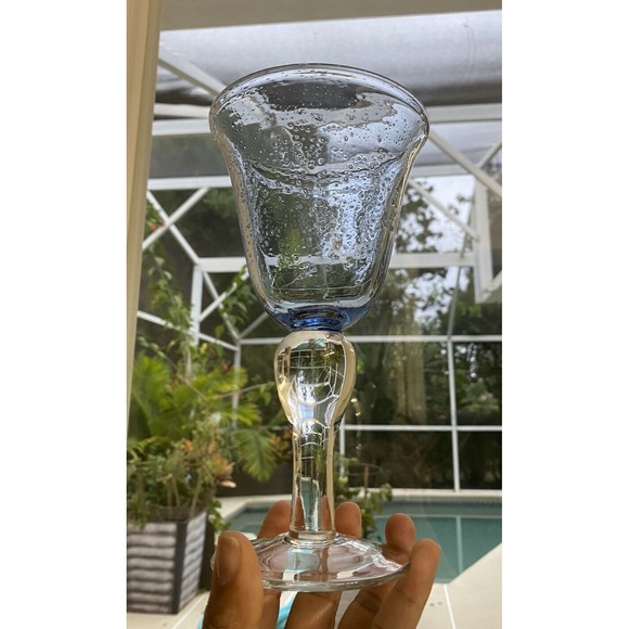 3 Artland Iris Light Blue Hand Blown Bubble Glass Bulbous Clear Stem Goblets - Picture 12 of 15